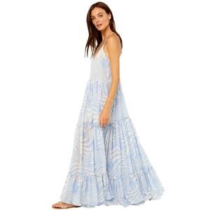 Misa Los Angeles Pale Blue and White Tiered Midi Dress